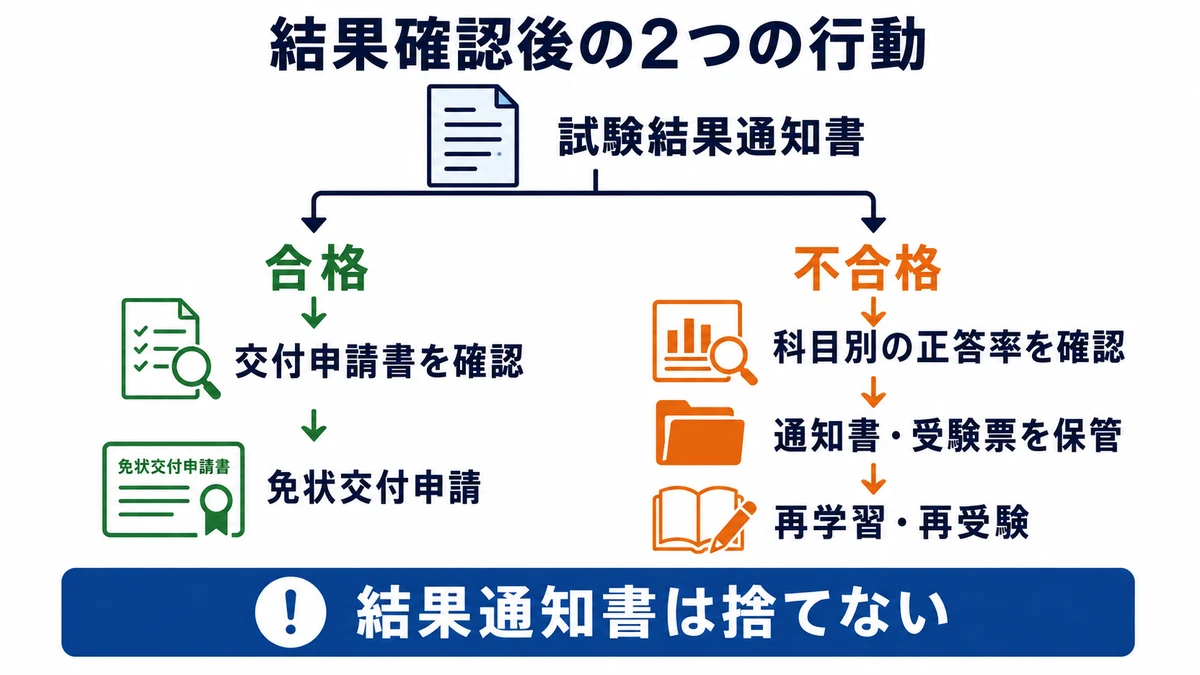試験結果通知書を確認し、合格なら免状交付申請、不合格なら正答率確認と再学習へ進む流れ