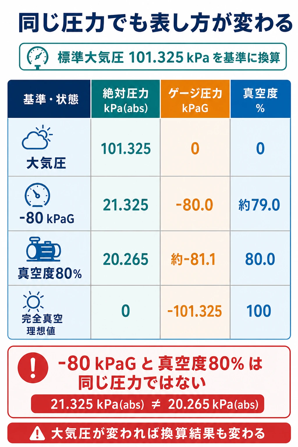 標準大気圧を基準に絶対圧力、ゲージ圧力、真空度を対応させた換算表