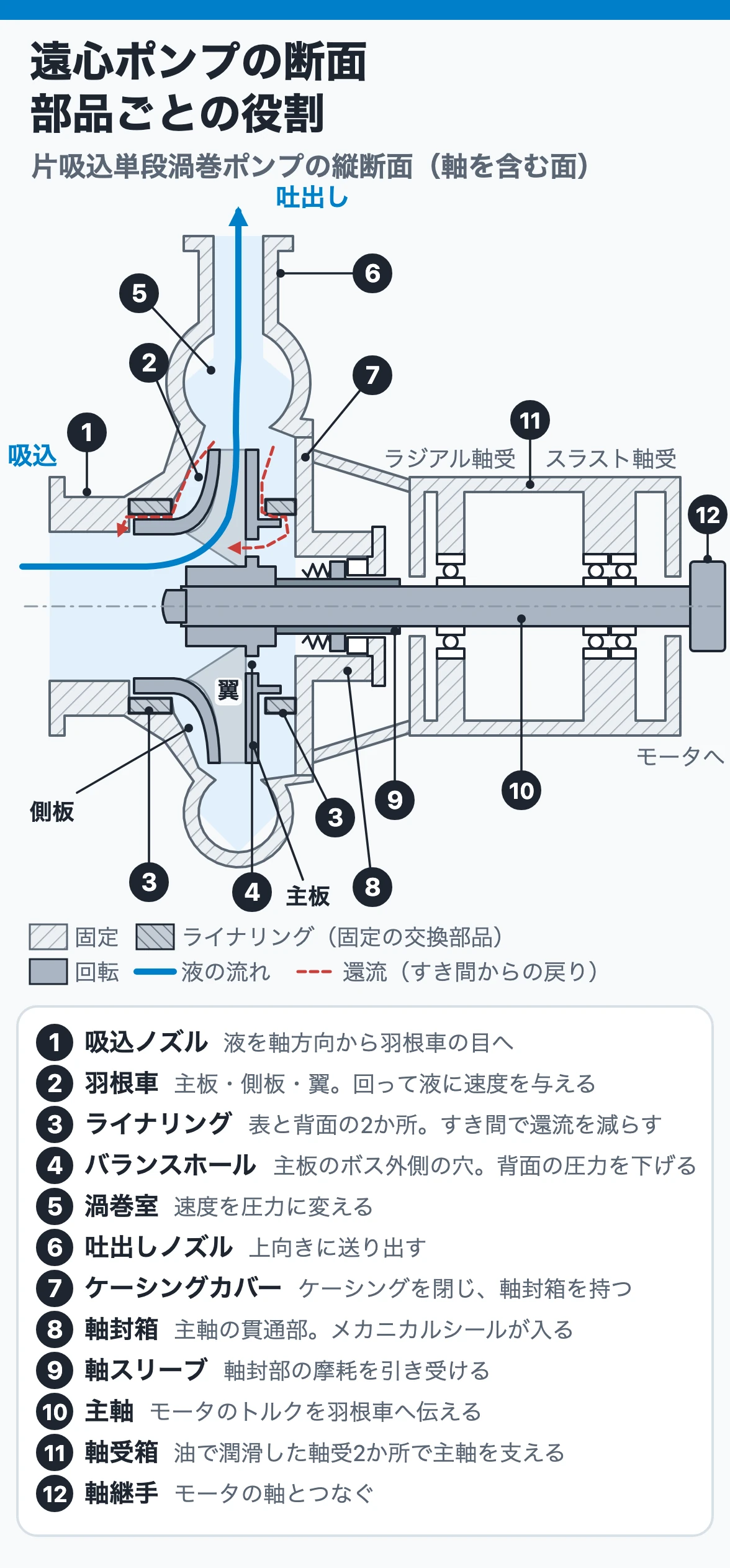 遠心ポンプの断面:液は吸込ノズルから羽根車の目に入り、羽根車で速度を得て渦巻室で圧力に変わり、ライナリングと軸スリーブは摩耗を引き受ける交換部品