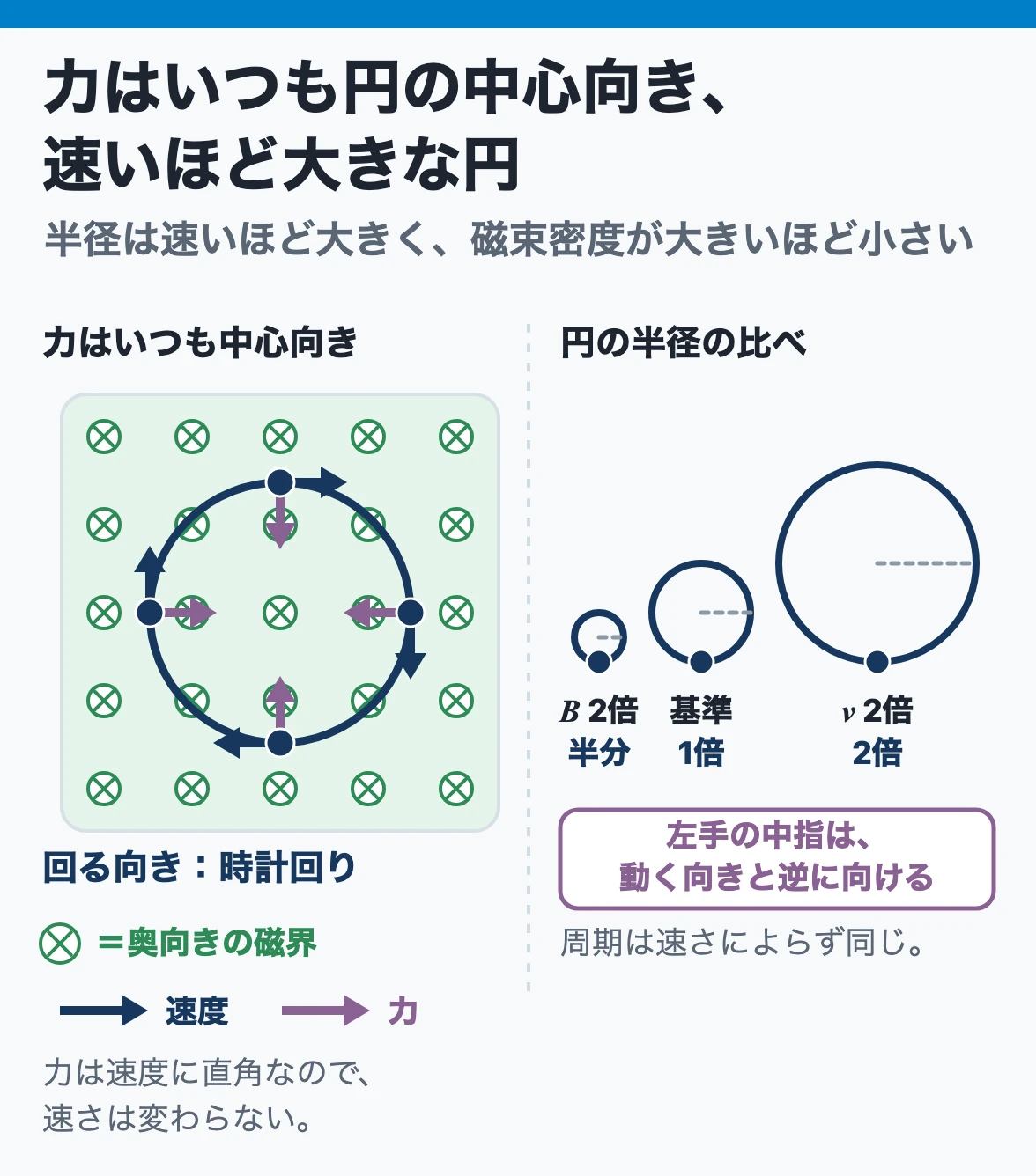 磁界中の電子の運動:磁界の中の電子は速度に直角なローレンツ力をいつも円の中心向きに受け、速さを変えずに円を描く。半径は速いほど大きく、磁束密度が大きいほど小さい
