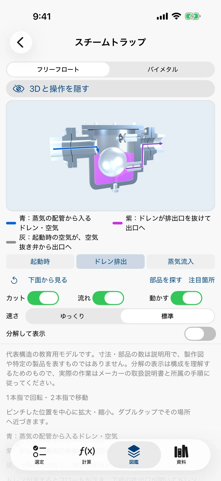 図鑑のスチームトラップ3D画面：「動かす」でドレン排出の動きと流れを表示
