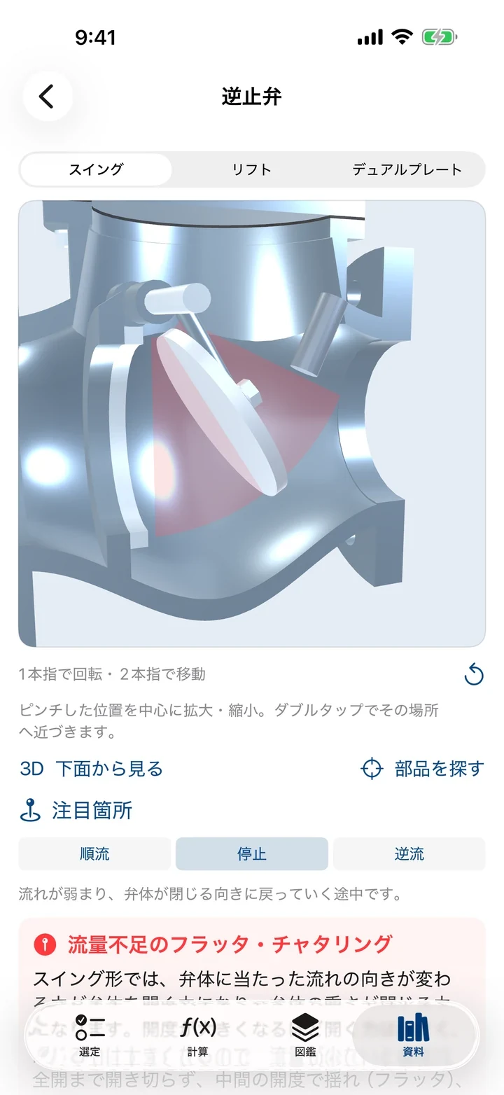 トラブル早見から開いた逆止弁の3D画面：流量不足のフラッタ・チャタリングの注目箇所を表示