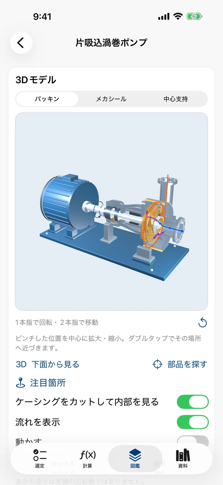 図鑑の3D画面：片吸込渦巻ポンプのケーシングをカットし、流れを表示